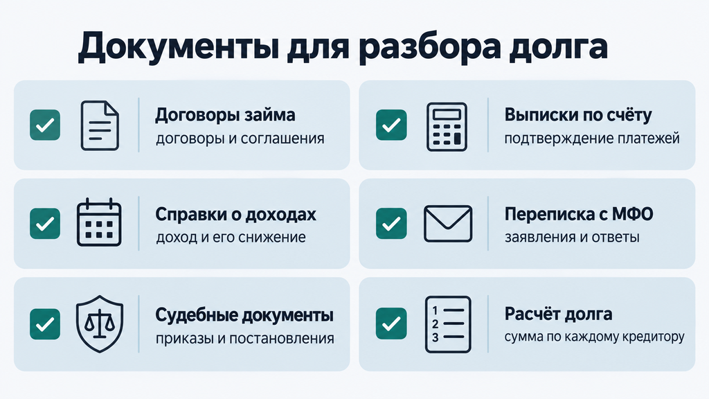 Чек-лист документов для разбора долга до зарплаты с пиктограммами и пояснениями по каждому пункту