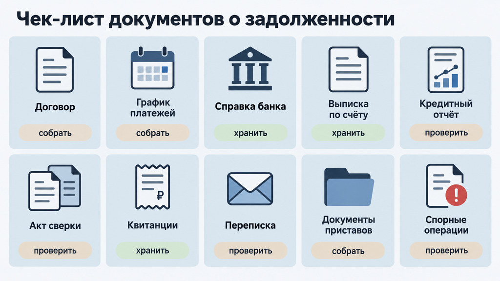 Чек-лист из десяти карточек документов о задолженности со статусами сбора, проверки и хранения для подготовки к визиту к юристу или процедуре банкротства
