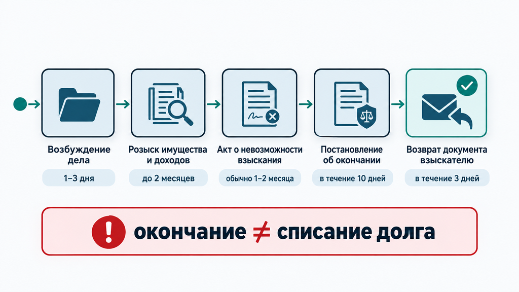 Инфографика: порядок окончания исполнительного производства по ст. 46 при отсутствии имущества должника. Визуальная схема этапов с акцентом на то, что завершение дела не равно списанию долга.