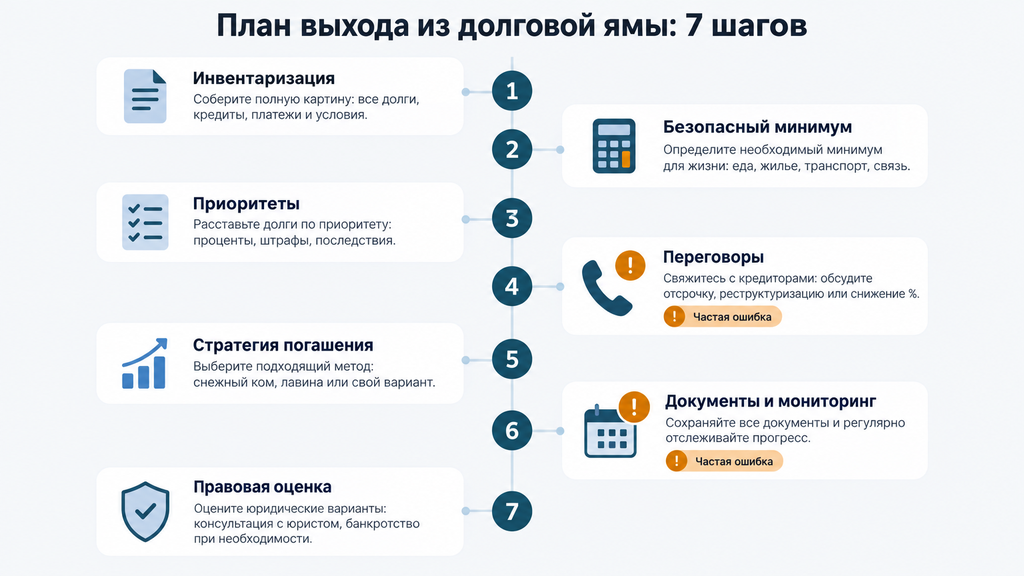 Инфографика пошагового маршрута выхода из долгов с 7 этапами и предупреждениями о типичных ошибках