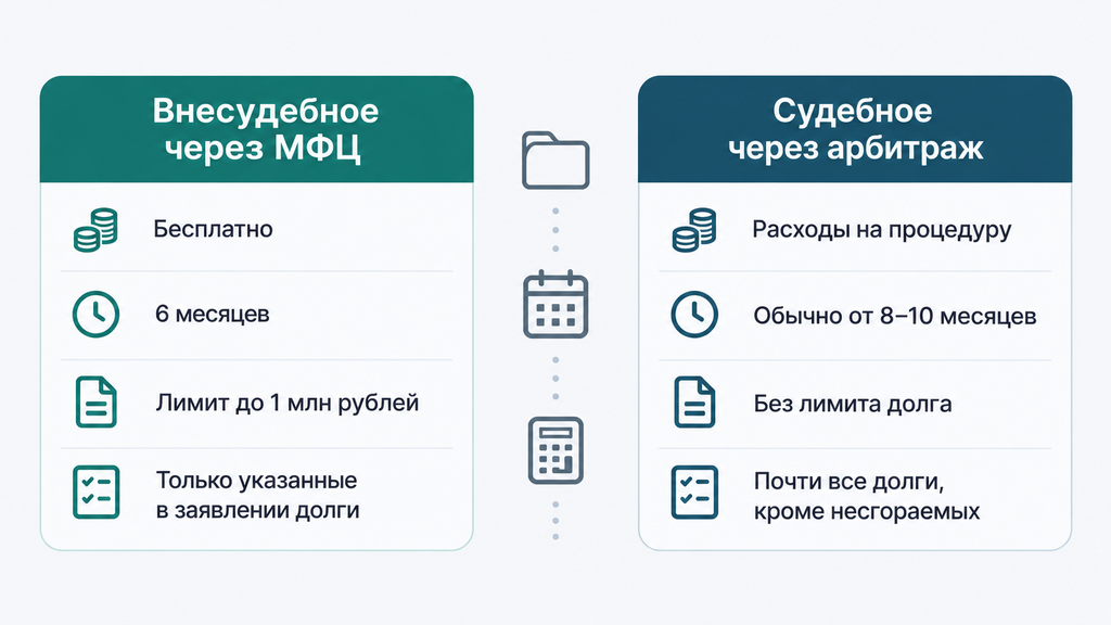 Сравнение внесудебного списания долгов через МФЦ и судебного банкротства через арбитраж: сроки, условия и стоимость процедур