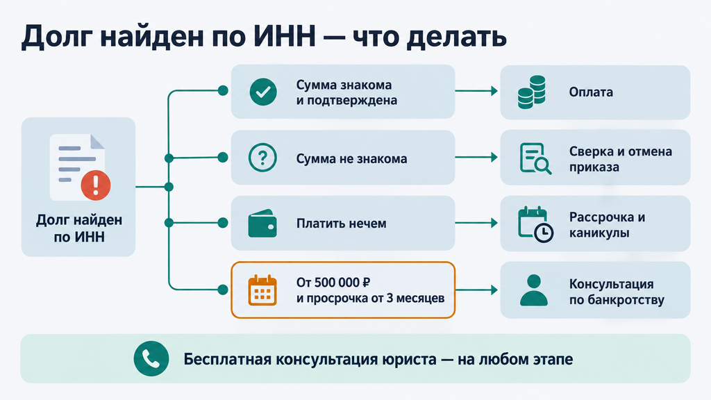 Визуальная схема алгоритма действий при найденной задолженности по ИНН: выбор между оплатой, сверкой с судом, рассрочкой и банкротством с доступом к бесплатной консультации юриста