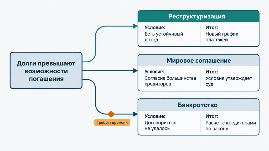 Схема выбора сценария при финансовой несостоятельности: реструктуризация, мировое соглашение или банкротство