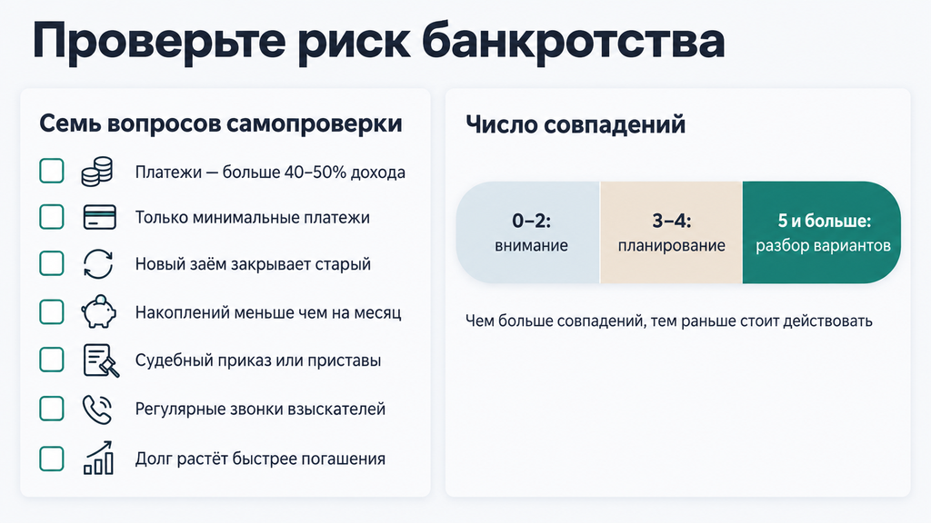 Чек-лист самопроверки из семи вопросов и цветовая шкала оценки риска банкротства
