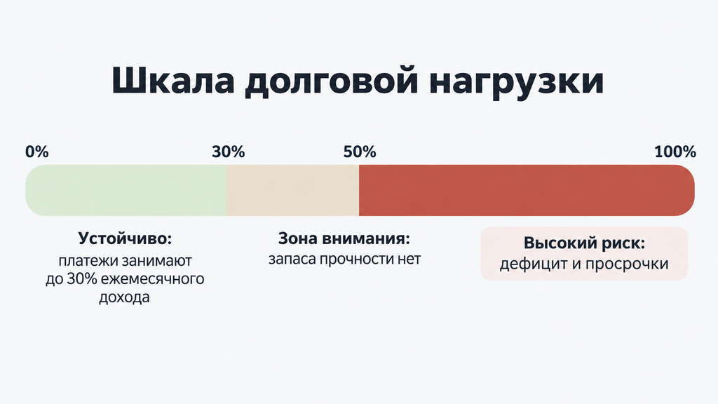 Горизонтальная шкала долговой нагрузки семьи от 0 до 100% с цветными зонами безопасной доли, внимания и высокого риска платежей по кредитам.