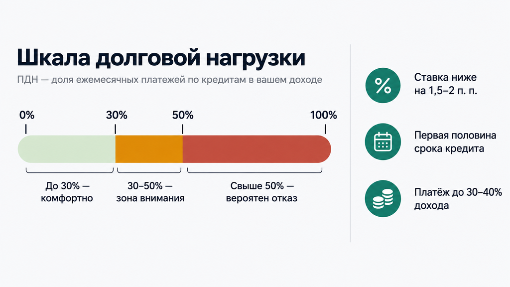 Горизонтальная шкала ПДН с цветными зонами риска и правилами выгоды рефинансирования. Платежи более 50% дохода делают перекредитование недоступным.