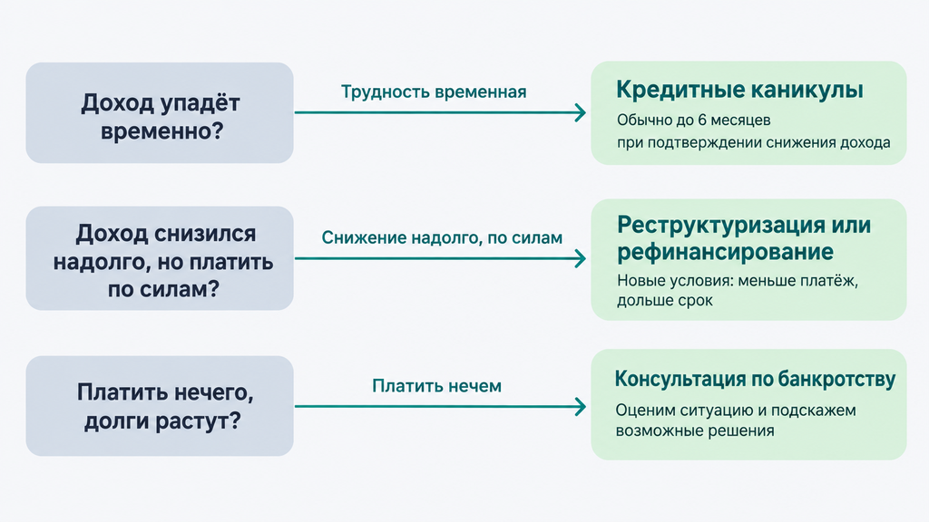 Инфографика выбора способа работы с долгом: схема с тремя вопросами и рекомендациями по каникулам, реструктуризации и банкротству