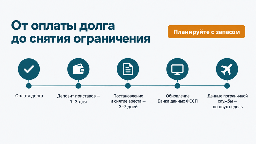 Горизонтальный таймлайн от оплаты долга до снятия ареста и запретов: сроки поступления средств, работы пристава, обновления базы ФССП и погранслужбы.