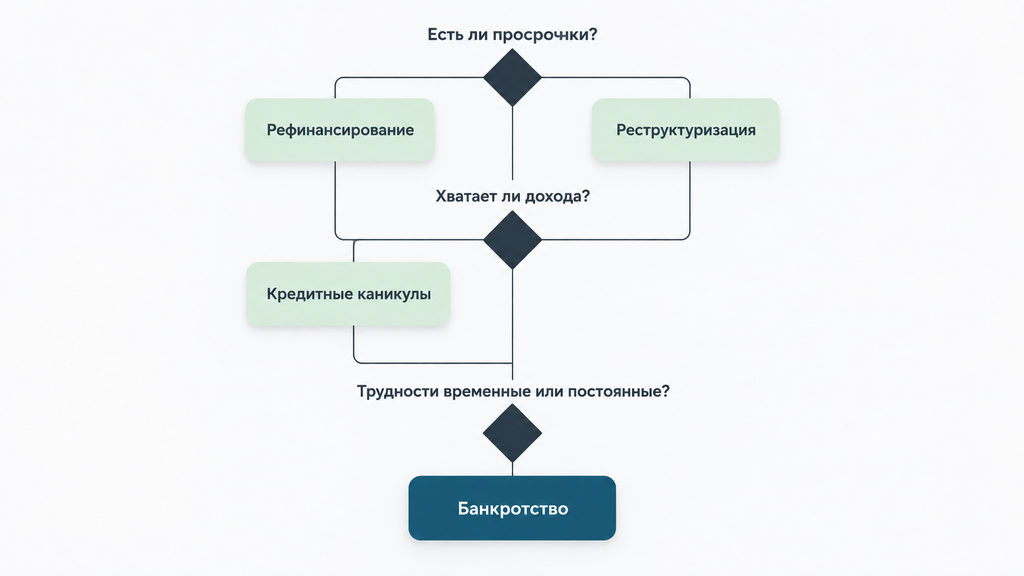 Блок-схема выбора инструмента снижения долга: рефинансирование, реструктуризация, кредитные каникулы или банкротство на основе анализа доходов и просрочек