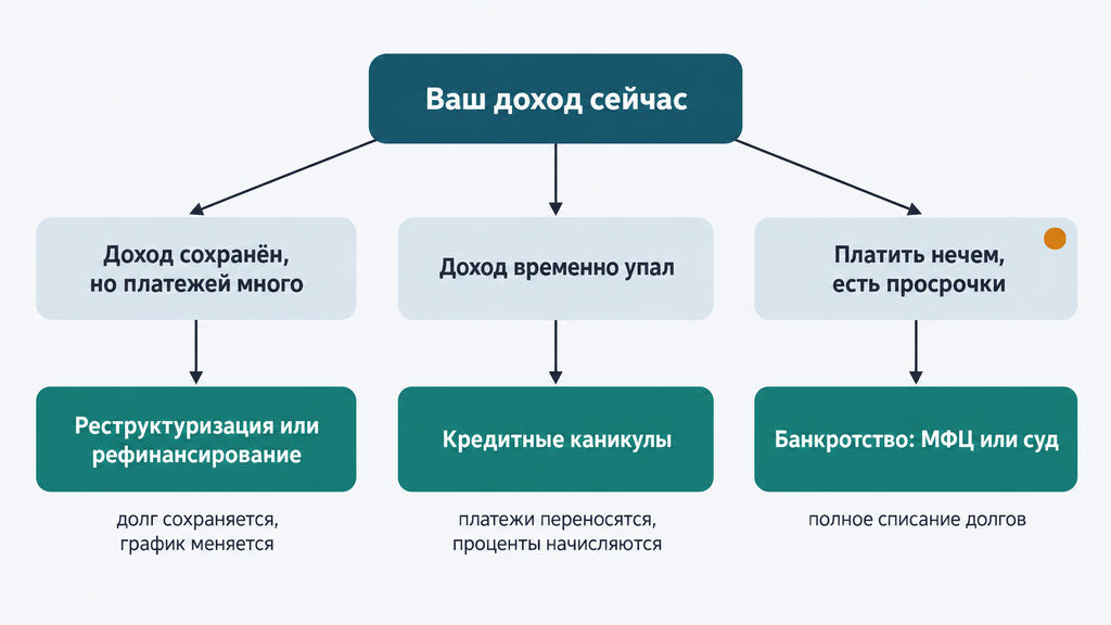 Дерево решений для выбора способа снижения долговой нагрузки в зависимости от дохода и стадии задолженности
