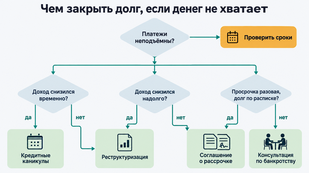 Дерево решений для выбора способа закрытия долга при нехватке денег: кредитные каникулы, рассрочка, реструктуризация или банкротство
