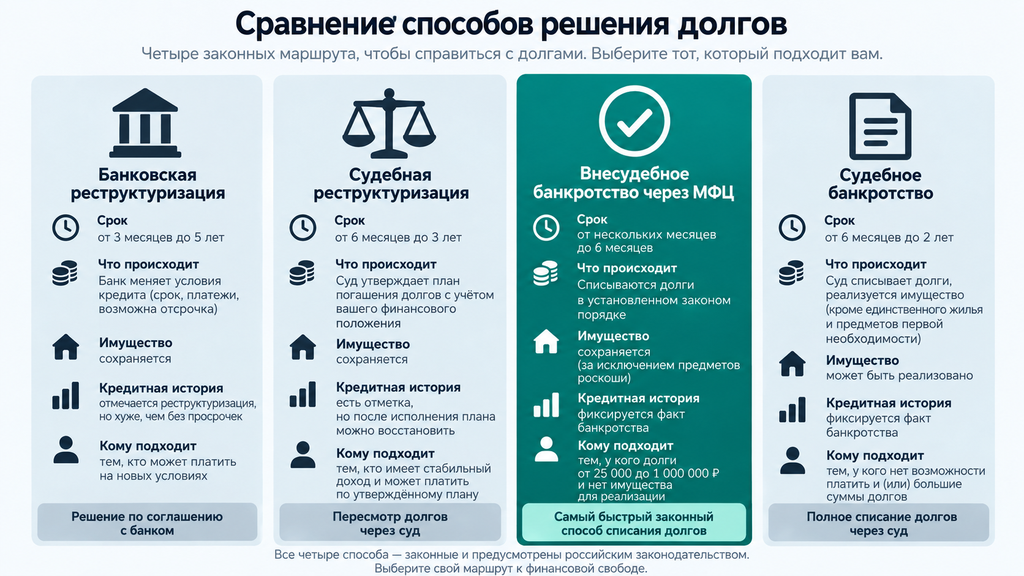 Инфографика сравнения четырёх законных маршрутов решения долгов: банковская реструктуризация, внесудебное банкротство через МФЦ и судебное банкротство. Выбор по срокам, стоимости и последствиям