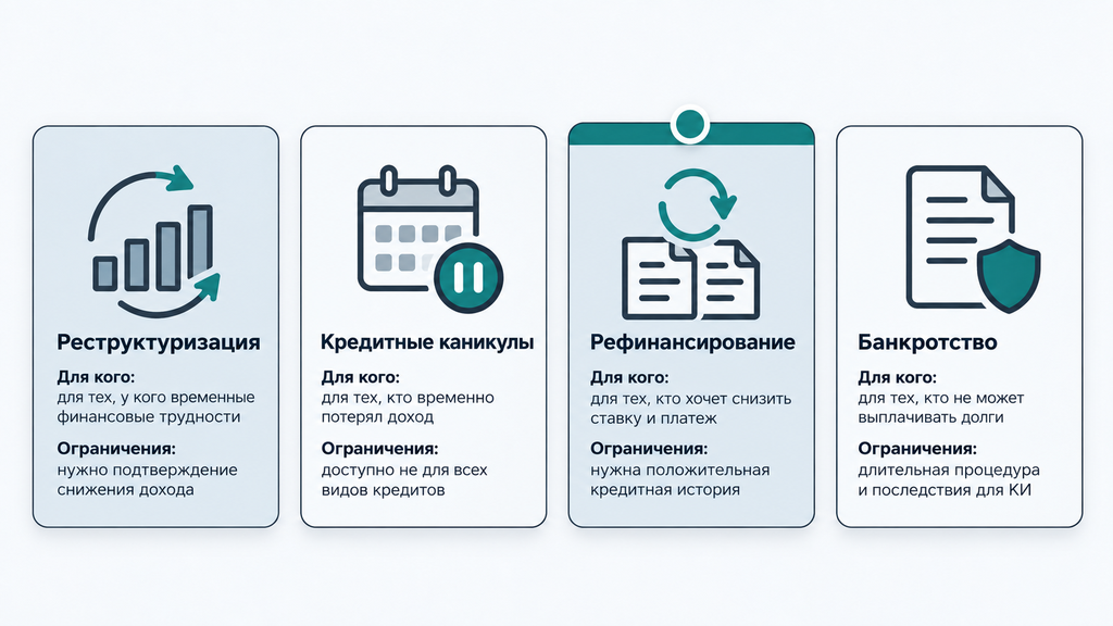 Четыре законных варианта решения долговой проблемы: реструктуризация, кредитные каникулы, рефинансирование и банкротство. Сравнение условий и целевой аудитории каждого метода