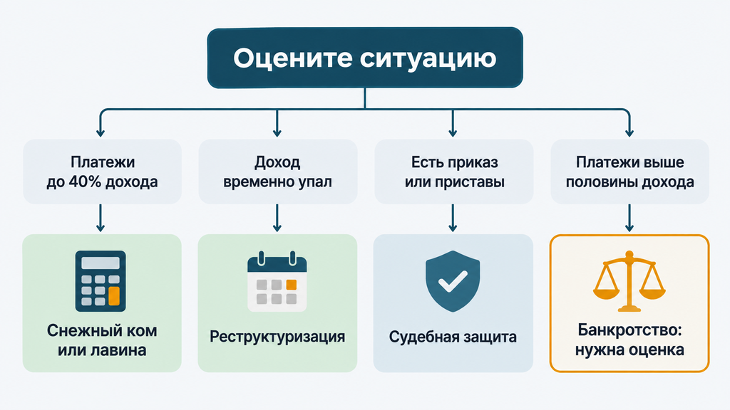Дерево решений для выбора способа погашения долгов в зависимости от соотношения задолженности к доходу, наличия имущества и стадии просрочки