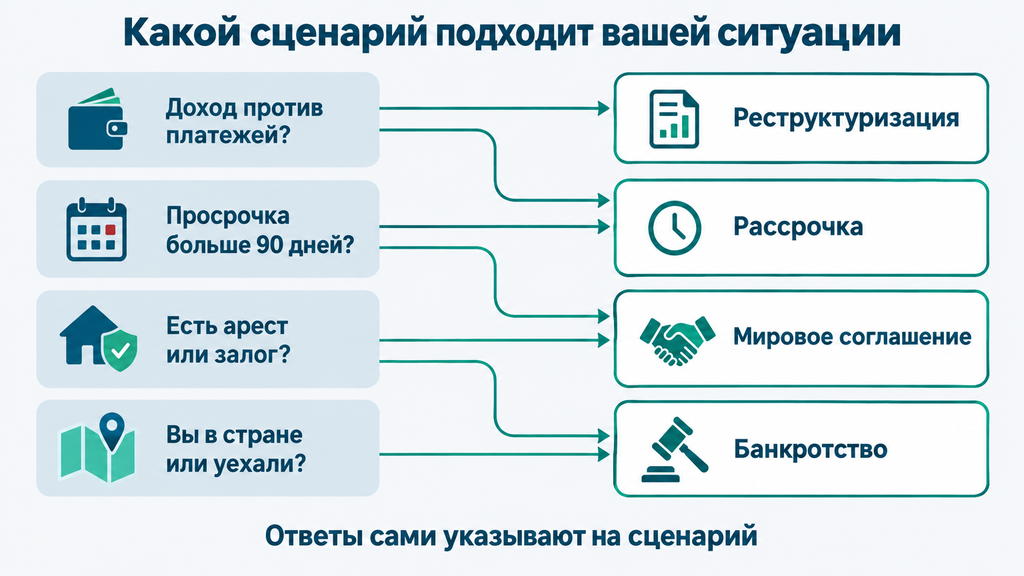 Схема выбора варианта урегулирования задолженности: реструктуризация, рассрочка, мировое соглашение или банкротство