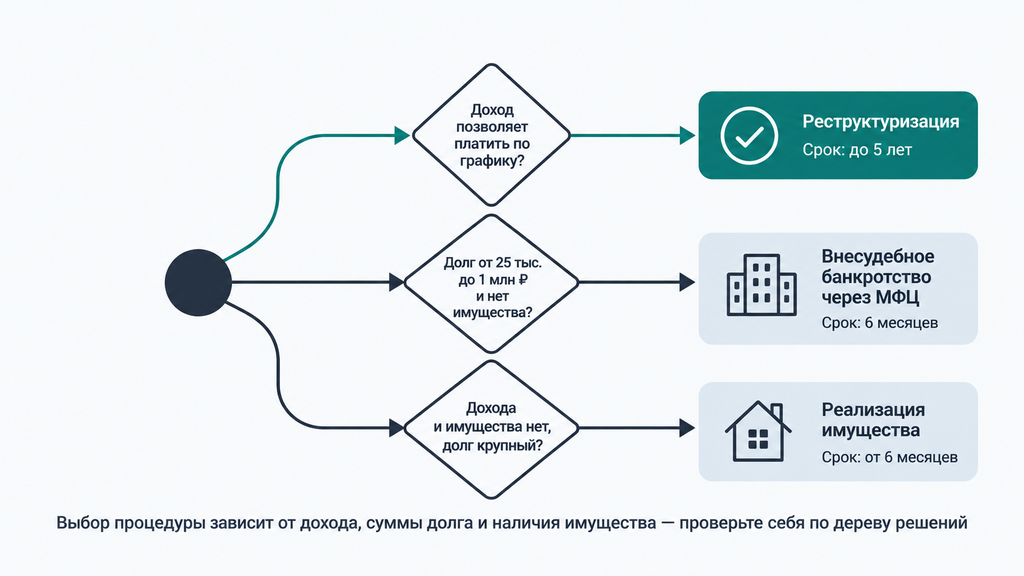 Дерево решений для выбора способа погашения долга: реструктуризация, банкротство через МФЦ или реализация имущества