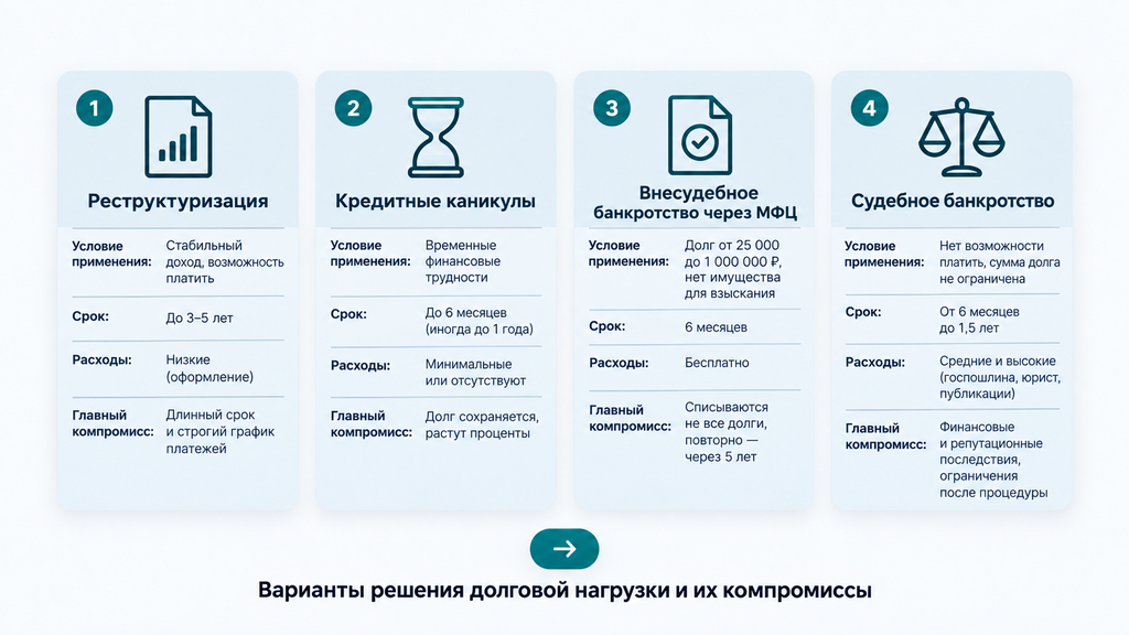 Сравнение четырёх способов решения долговой нагрузки: реструктуризация, кредитные каникулы, внесудебное и судебное банкротство, сроки, расходы и основные компромиссы