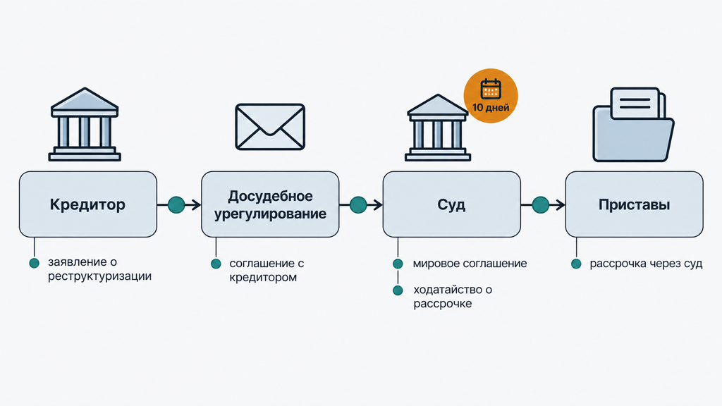 Карта процесса взыскания долга с точками возможного урегулирования на этапах: кредитор, досудебное урегулирование, суд и приставы. Показаны доступные инструменты для переговоров на каждой стадии.