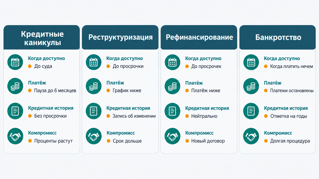 Сравнение кредитных каникул, реструктуризации, рефинансирования и банкротства: четыре пути решения долговых проблем