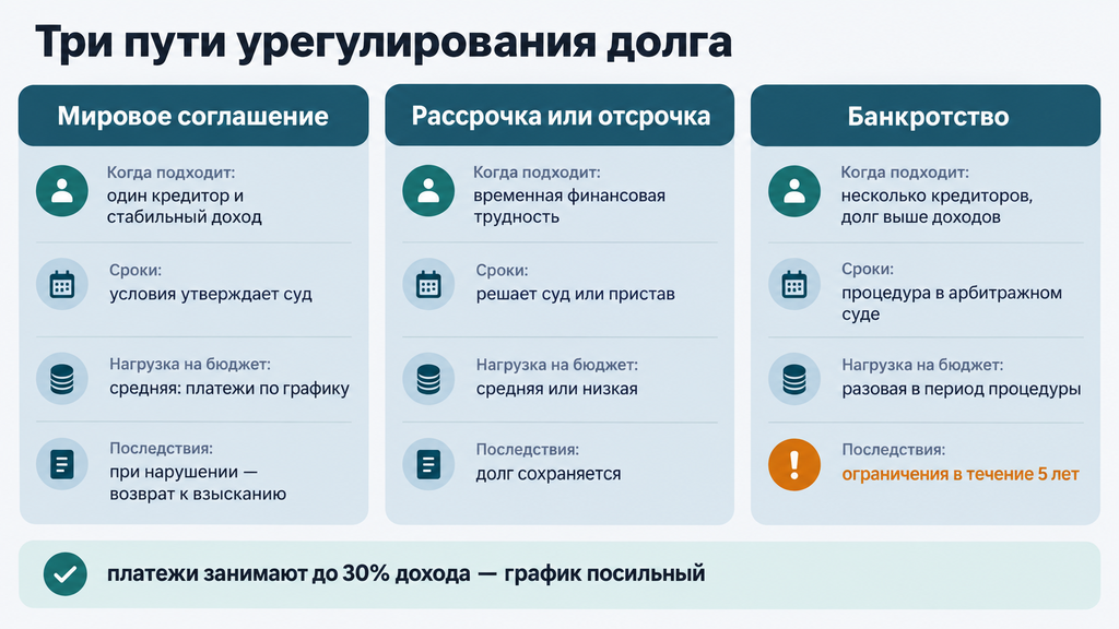 Сравнение трёх вариантов урегулирования долга: мировое соглашение, рассрочка и банкротство. Инфографика с критериями выбора, сроками, финансовой нагрузкой и последствиями для бюджета.