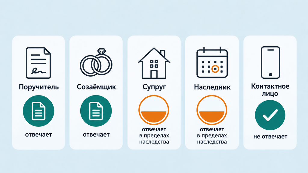 Сравнение ответственности поручителя, созаёмщика, супруга, наследника и контактного лица за долг должника