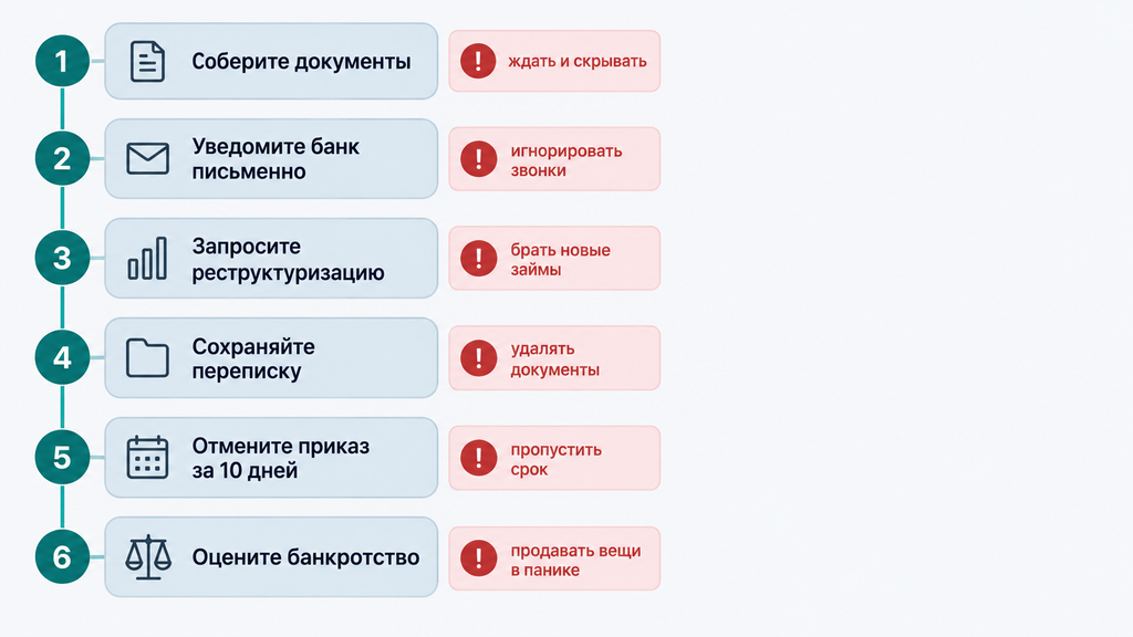 Пошаговая схема из шести этапов выхода из долговой ситуации с рекомендациями и предупреждениями об ошибках должников