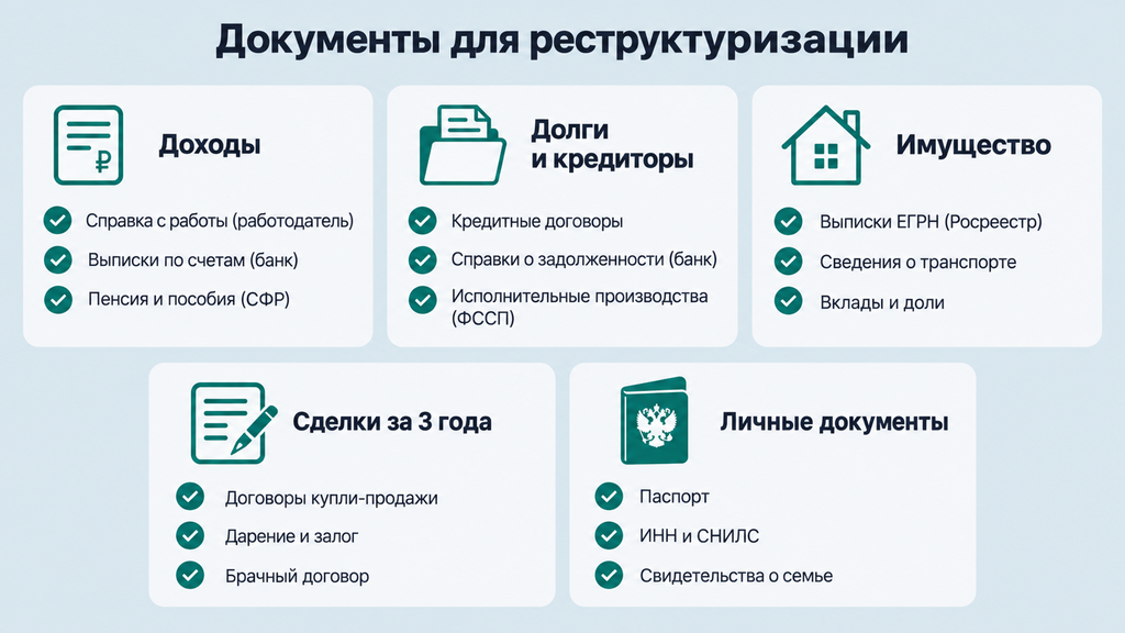 Чек-лист документов для реструктуризации долга: пять групп с указанием источников справок