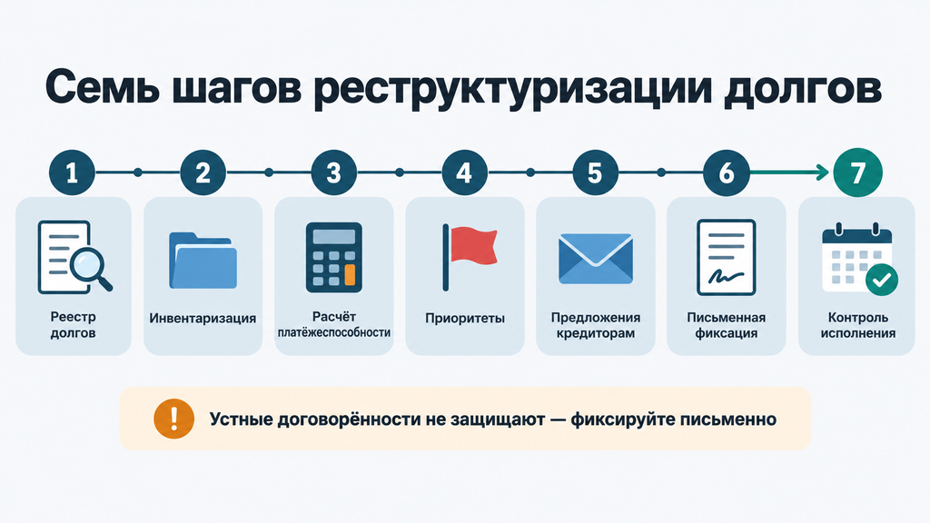 Визуальная дорожная карта реструктуризации долга предприятия на семь этапов с иконками: реестр долгов, инвентаризация, расчёт платёжеспособности, приоритеты, предложения кредиторам, письменная фиксация, контроль исполнения. Примечание о важности письменных договорённостей.