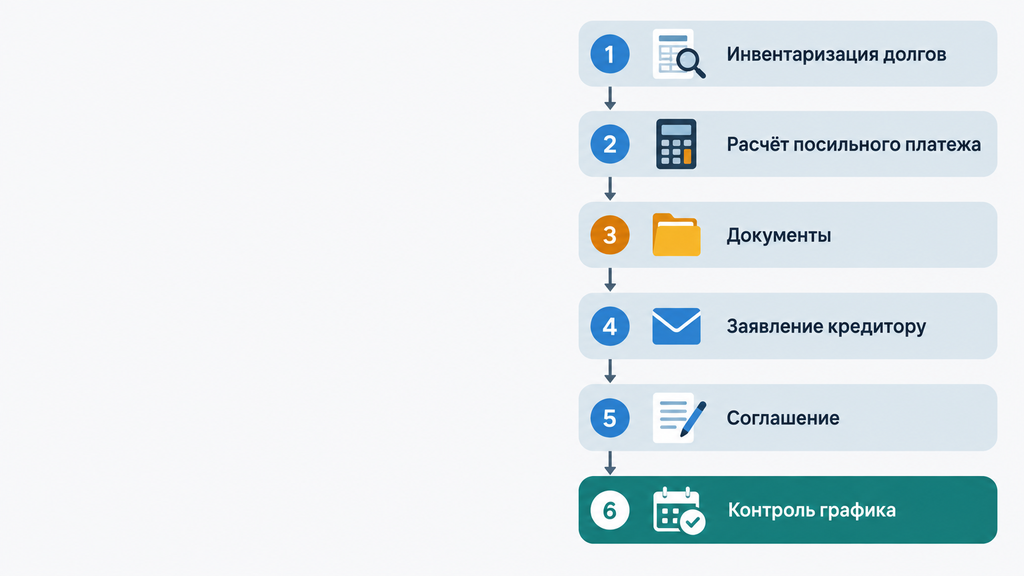 Вертикальная схема реструктуризации долгов: шесть шагов от инвентаризации обязательств к новому графику платежей