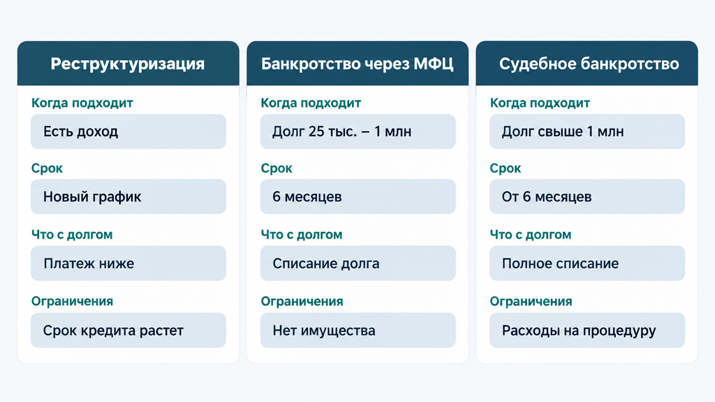 Сравнение реструктуризации долга, внесудебного банкротства через МФЦ и судебного банкротства: инфографика выбора по условиям, срокам и последствиям