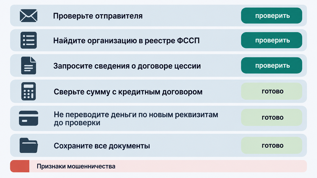 Чек-лист проверки уведомления о продаже долга: 6 шагов верификации нового кредитора и договора цессии перед платежом. Пиктограммы и статусы готовности.