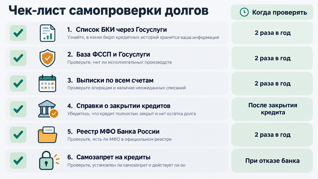 Вертикальный чек-лист самопроверки долгов с шестью пунктами, пиктограммами и колонкой частоты проверки в зелёных и янтарных акцентах