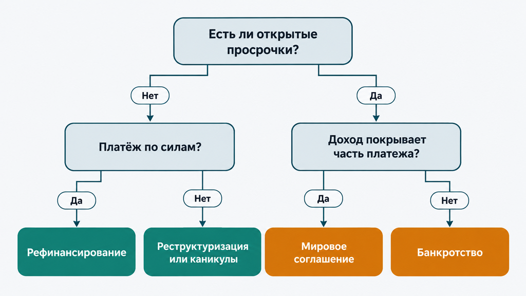 Дерево решений по выбору стратегии работы с долгом: ветвление по наличию просрочек и платежеспособности, четыре варианта действий с цветовой кодировкой