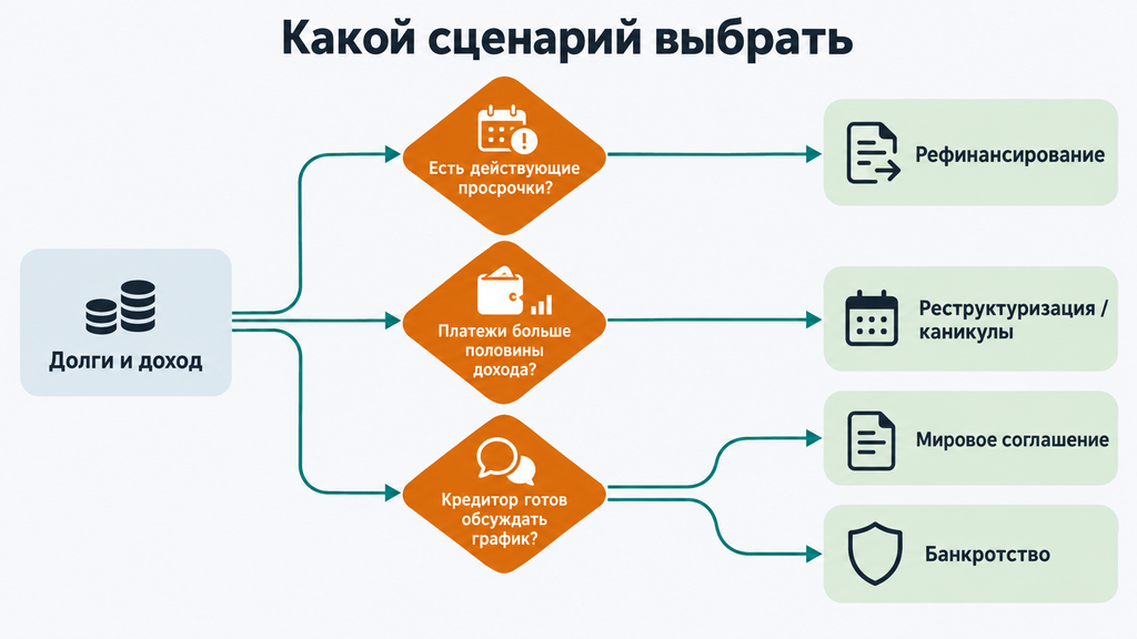 Дерево выбора сценария урегулирования долгов: рефинансирование, реструктуризация, кредитные каникулы, мировое соглашение или банкротство на основе анализа просрочек и финансовой нагрузки