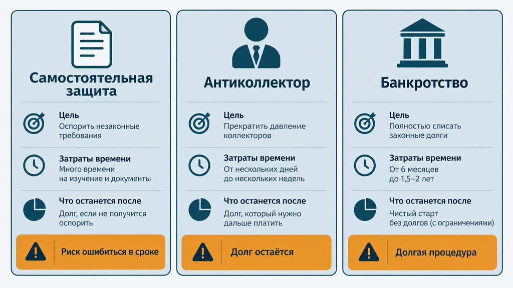 Сравнение трёх законных стратегий выхода из долговой ситуации: самостоятельная защита, антиколлектор и банкротство с указанием целей, затрат времени и результатов