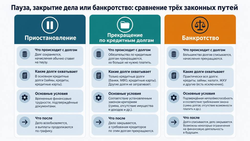 Сравнение трёх законных путей решения долговых проблем: приостановление, закрытие дела по кредитам и банкротство
