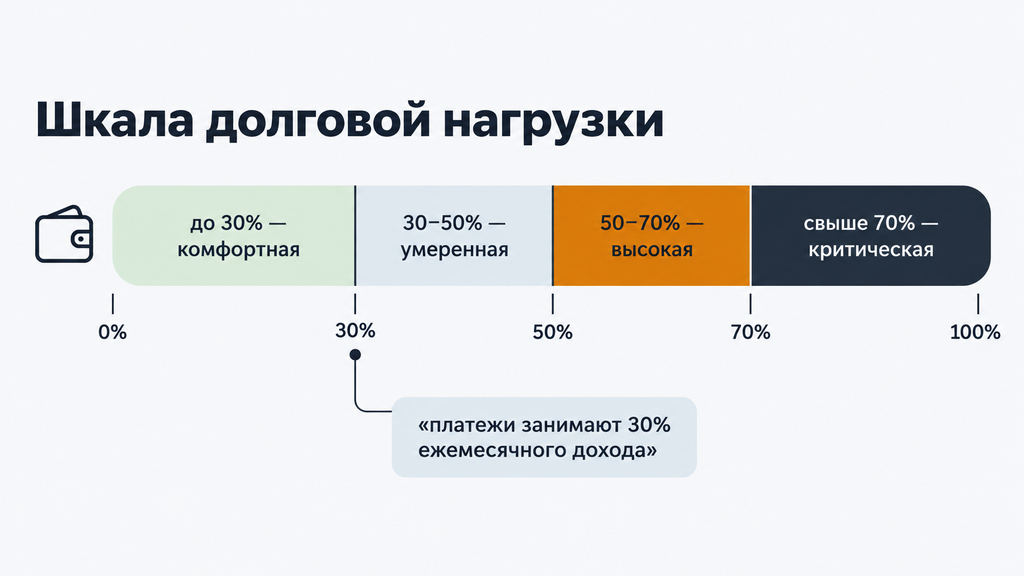Горизонтальная шкала долговой нагрузки с цветовыми зонами от комфортной до критической и примером 30% платежей от дохода