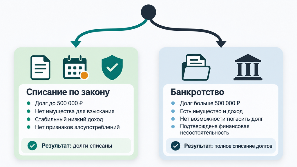 Схема развилки выбора между списанием долга по законам 377-ФЗ и 391-ФЗ и процедурой банкротства с указанными условиями и критериями