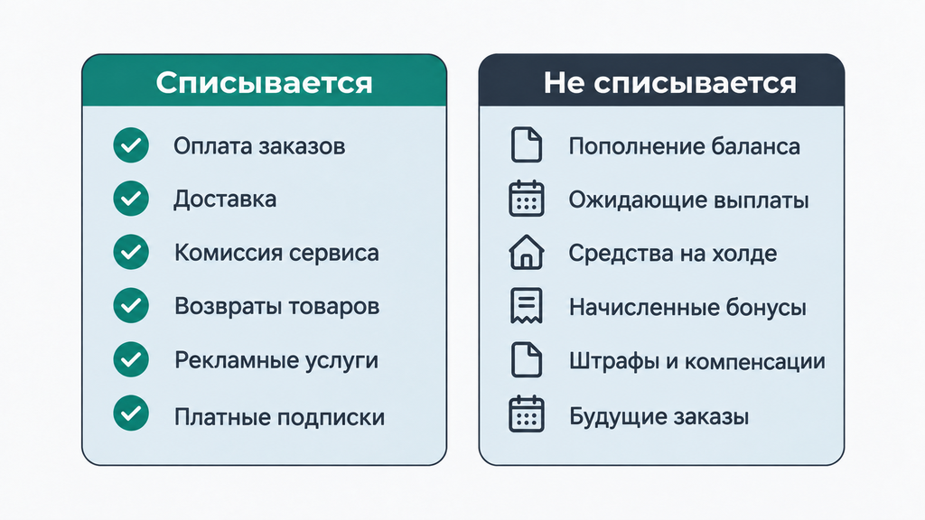 Две колонки-чеклиста: какие долги списываются по программе помощи семьям, а какие остаются у граждан. Слева — допустимые позиции с галочками, справа — исключения с нейтральными иконками.