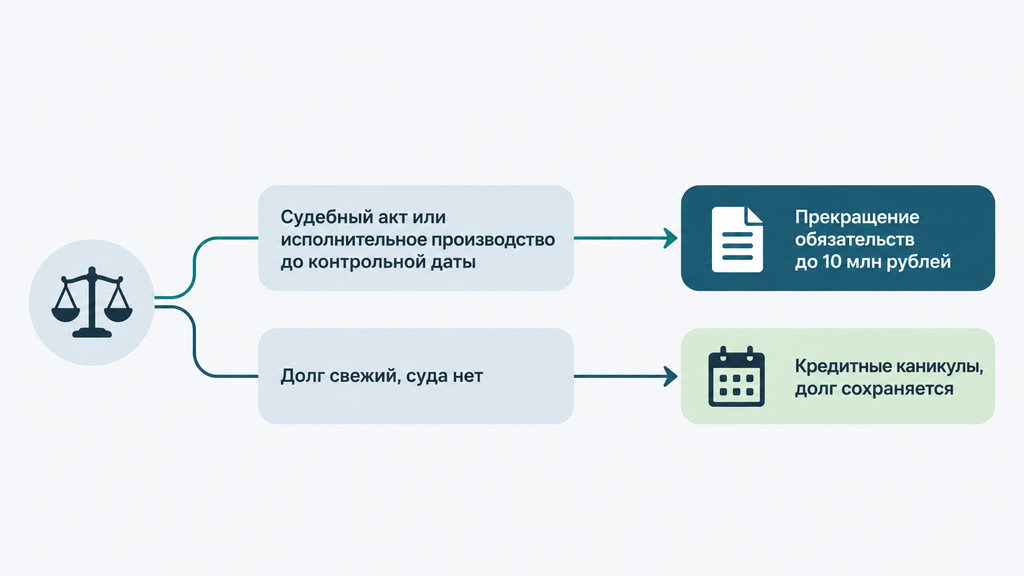 Инфографика условий списания долга: верхний маршрут при наличии судебного акта до контрольной даты ведёт к прекращению обязательств до 10 млн, нижний — к кредитным каникулам и сохранению долга