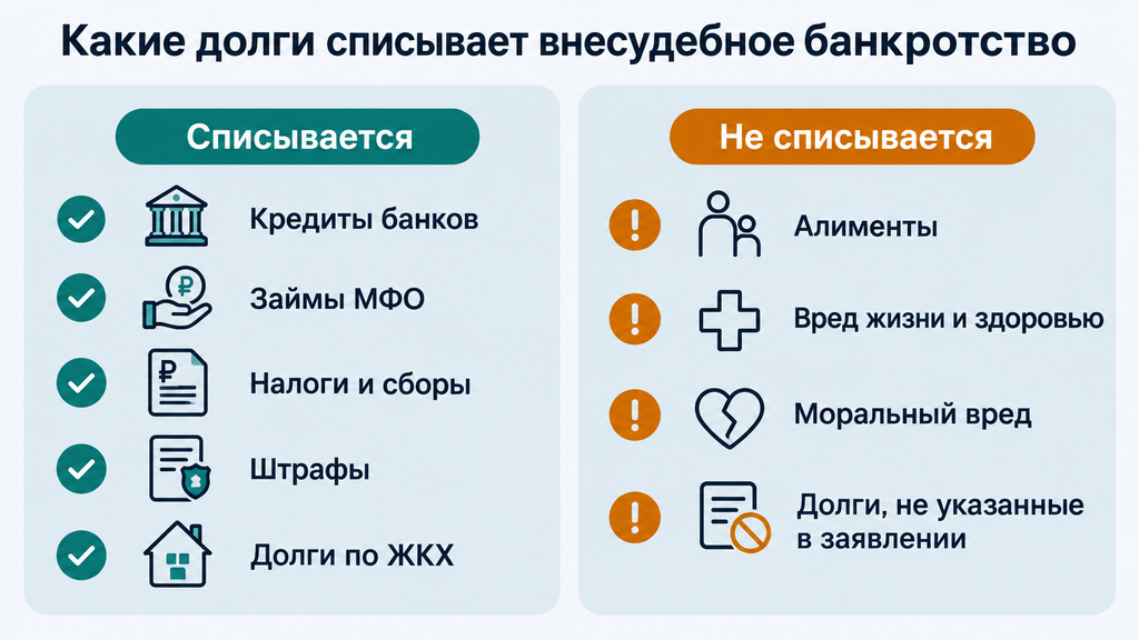 Инфографика сравнения долгов: что списывается при внесудебном банкротстве кредиты займы налоги и что не списывается алименты вред жизни здоровью