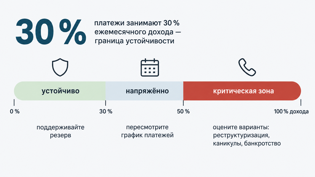 Горизонтальная шкала долговой нагрузки: визуальный индикатор доли кредитных платежей в ежемесячном доходе с тремя зонами риска и рекомендациями по действиям