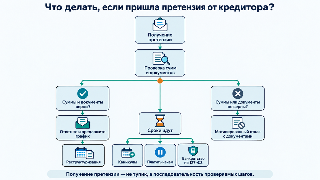 Алгоритм действий получателя досудебной претензии по долгу: проверка сумм, подтверждение задолженности, варианты ответа и шаги при невозможности оплаты