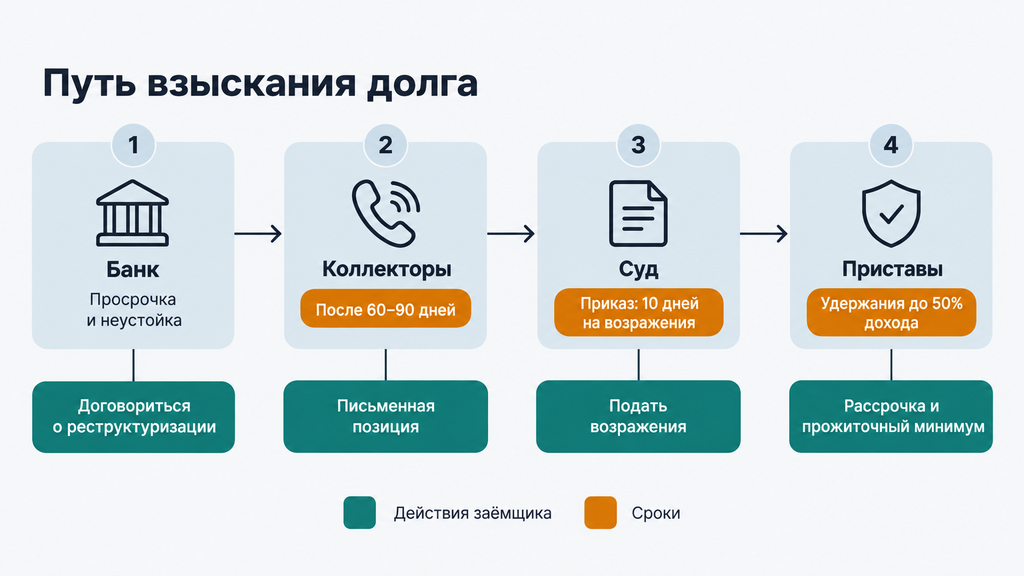 Карта этапов взыскания долга с указанием сроков и правовых вариантов действий заёмщика на каждом шаге