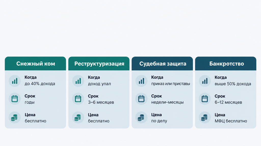 Инфографика сравнения четырех способов выхода из долгов по срокам, стоимости и последствиям: собственная стратегия, реструктуризация, судебная защита и банкротство