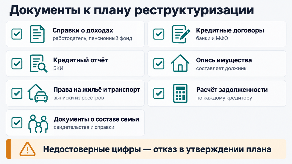 Чек-лист документов для плана реструктуризации долгов с пиктограммами и указанием источников получения
