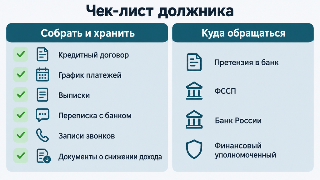 Чек-лист должника: практический инструмент с колонками документов для хранения и каналов обращений в банк, ФССП и финансовый уполномоченный. Выполненные пункты отмечены зелёными галочками.