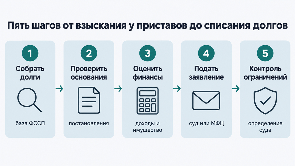 Чек-лист должника Пять шагов от взыскания у приставов до списания долгов с пронумерованными действиями документами и точками контроля план подготовки к банкротству