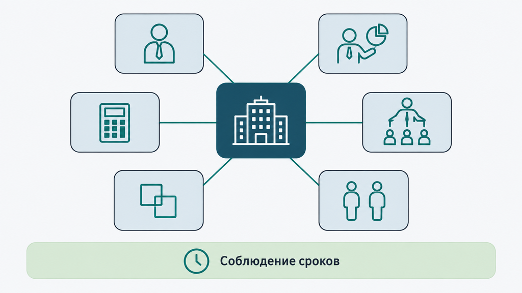 Схема контролирущих должника лиц: центральная компания окружена карточками ответственных лиц (директор, учредитель, главбух, фактический бенефициар, аффилированные компании и родственники) на фоне единого критерия реального контроля