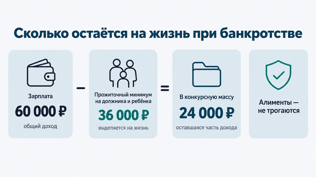 Горизонтальная шкала-формула расчёта дохода должника при банкротстве: визуальное отображение вычета прожиточного минимума и защищённых выплат из зарплаты, показывающее сумму, доступную для проживания в процедуре